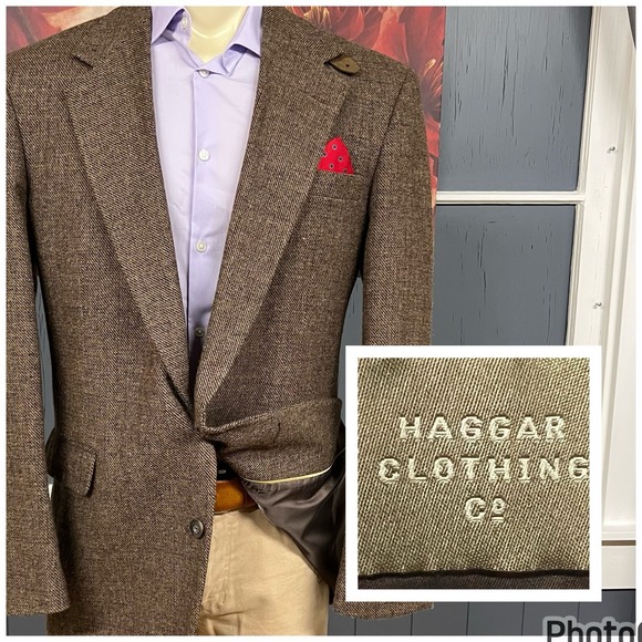 Vintage Haggar Tweed Blazer Sport Coat Mens 44L Long Wool Brown Chevron